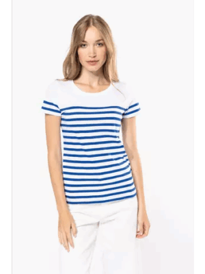 T-shirt marinière femme Kariban K3034 en coton bio. Col rond, coupe ajustée. Style authentique et personnalisable pour marques ou uniformes durables.