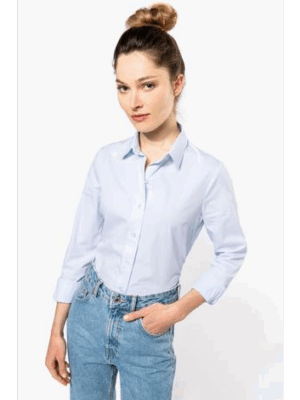 Chemise femme Kariban K510 manches longues en popeline 120 g/m². Coupe cintrée, élégante et idéale pour la personnalisation textile professionnelle. blanche