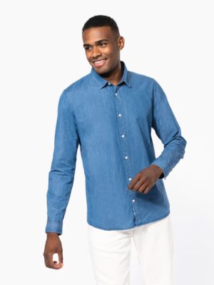 Chemise denim Kariban K512 manches longues pour homme. 100 % coton délavé, 170 g/m². Style casual et idéale pour broderie ou flocage pro.