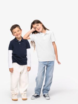 Polo NS209 enfant, 100 % coton biologique piqué 220 g/m², coupe droite, boutons recyclés, sans étiquette. Parfait pour broderie, flocage ou impression professionnelle. navy , blanc