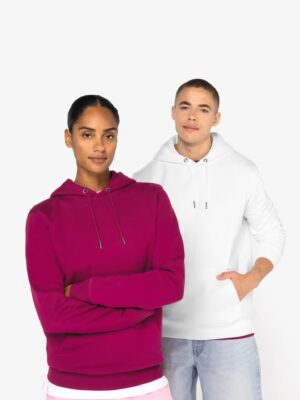Sweat NS401 Native Spirit unisexe. 85 % coton bio / 15 % polyester recyclé, 350 g/m². Capuche doublée, molleton gratté LSF, style moderne – idéal pour personnalisation textile. blanc , fuchsia