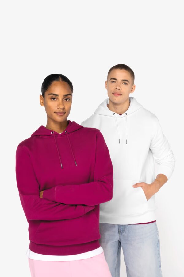 Sweat NS401 Native Spirit unisexe. 85 % coton bio / 15 % polyester recyclé, 350 g/m². Capuche doublée, molleton gratté LSF, style moderne – idéal pour personnalisation textile. blanc , fuchsia