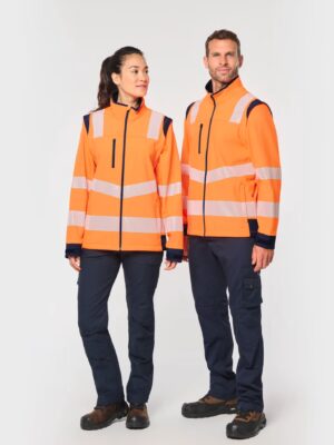 Veste softshell WK460 unisexe, textile recyclé, manches détachables, déperlante, capuche cachée, poches pratiques. Polyvalente et personnalisable pour usage pro. orange fluo