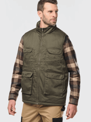 Gilet unisexe WK607 polycoton rembourré, chaud, robuste et doté de multiples poches. Idéal pour les professionnels et parfaitement personnalisable.