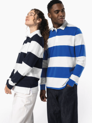 Polo rugby rayé unisexe K285. Résistant, confortable et au style sportif, idéal pour les tenues d’équipe, l’événementiel et les vêtements promotionnels.
